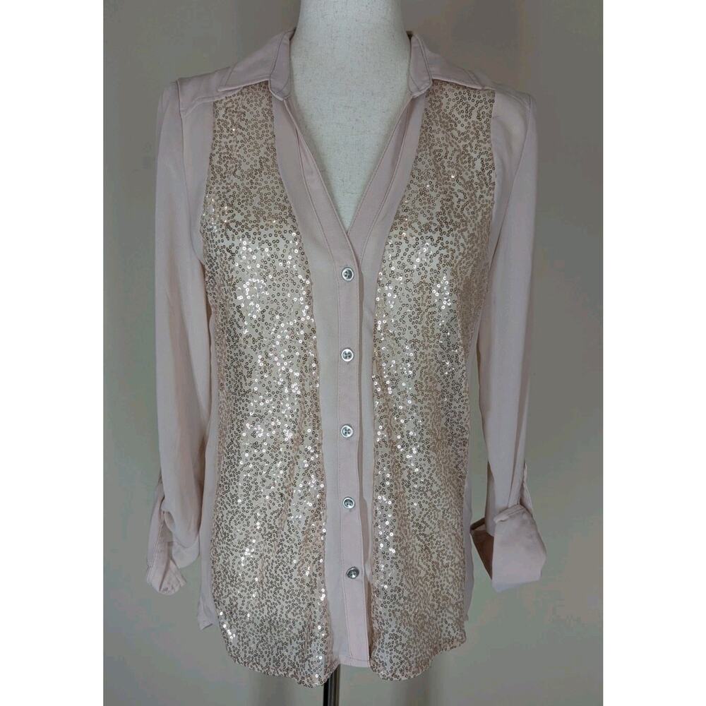 Vanity Blush Pink Sheer Sequin Blouse Women's Medium Long Roll Tab Sleeves New